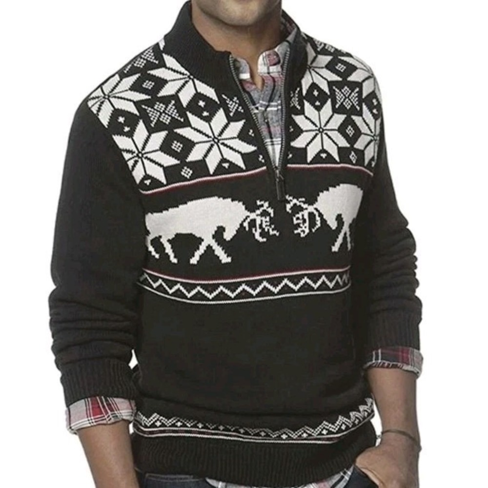 Chaps Sweater Classic Fit Fair Isle Reindeer 1/4 Zip Pullover Black Size M NWT